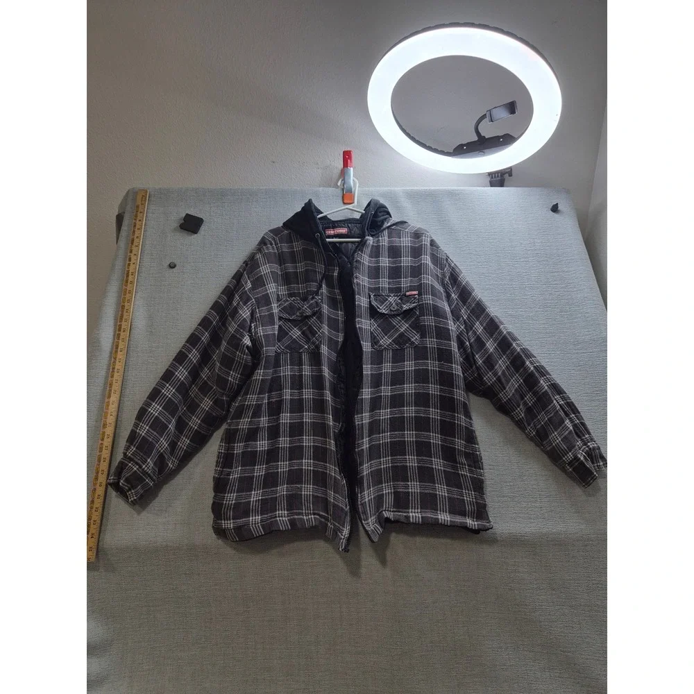 Craftsman Flannel Shirt Jacket Mens XL Black Gray Quilted Lined Hooded No Zip